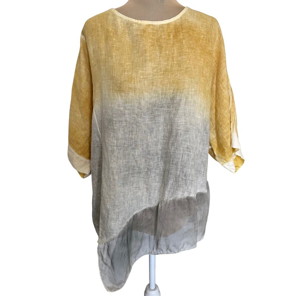 Belle France Italy Linen Silk Ombre Lagenlook Blouse Top Ruffle Luxury Boho XL